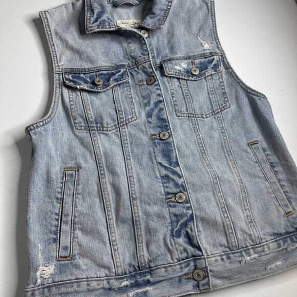 Abercrombie & Fitch Distressed Denim Vest M Vintage Blue Jean Biker Grunge - Picture 3 of 8